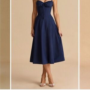 Classic Navy Midi Dress with Sweetheart Bodice
